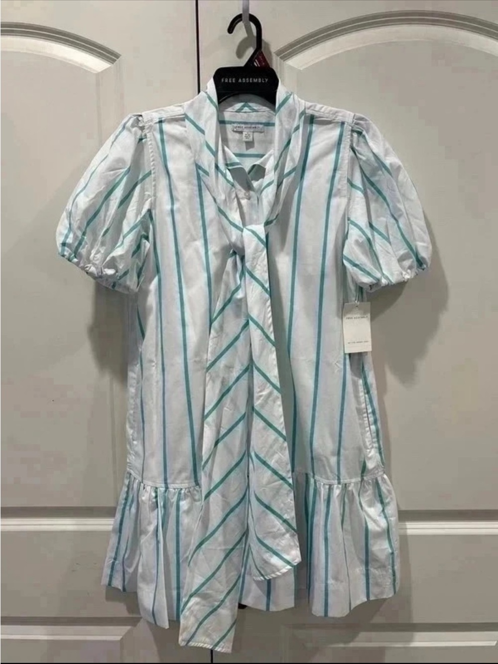 Free Assembly White Dress with Teal Stripe Tie-Neck